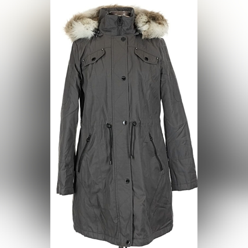 Laundry By Shelli Segal Gray Hooded Coat with Faux Fur And Faux Leather Detail